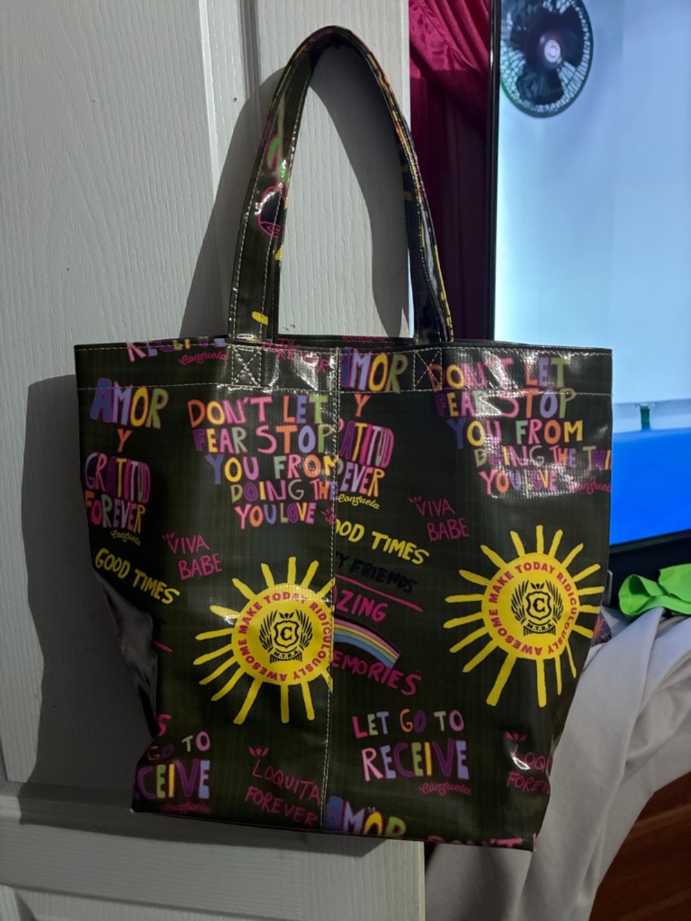 Consuela Black Tote with Bright Yellow Sun & Multicolor Graphics - Picture 2 of 4
